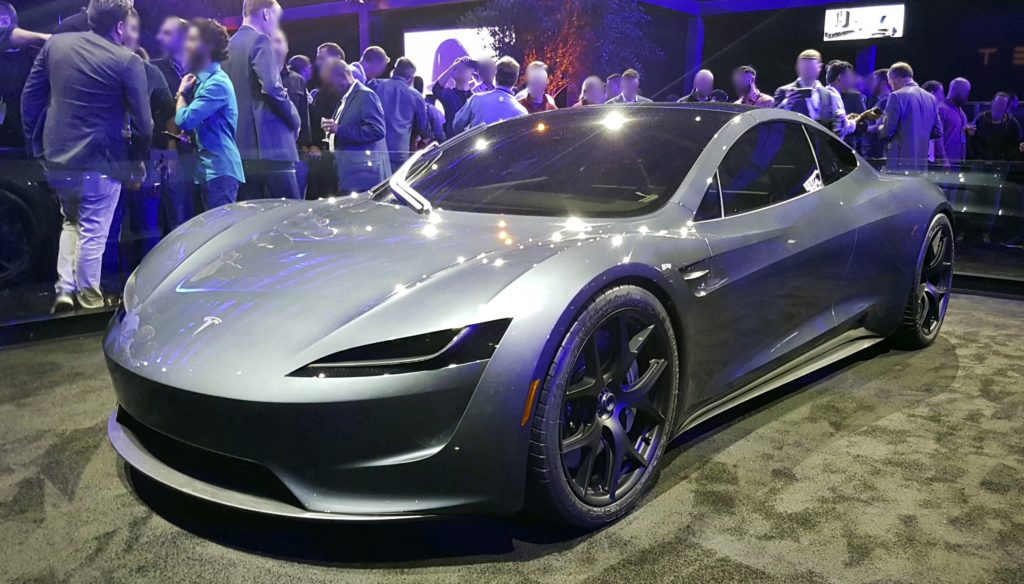 White Tesla Roadster prototype from 2017 on display