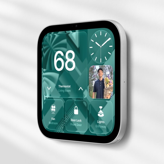 The wall-mounted Apple HomeView on a wall